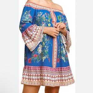 Umgee Off Shoulder Floral Scarf Boho Print Bell Sleeve Dress Medium NWT